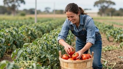 Fototapeta premium Woman Harvesting Tomatoes in Rustic Farm Setting Under Clear Sky