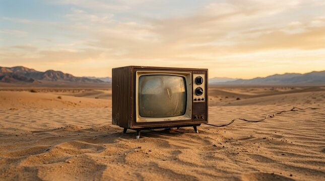 A vintage television standing alone in the desert, warm sand, open horizon and strange nostalgic isolation, ultra-realistic, no logos.