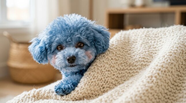 A blue lap dog peeking from the side with pink blush cheeks and a tiny smile, soft fur, sweet minimal composition, ultra-realistic, no logos.