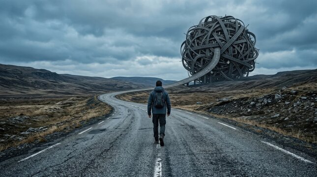 A man walking along a long winding road that transforms into an enormous tangled sphere ahead, barren open landscape, textured asphalt, muted blue-gray tones, visual metaphor of complexity and