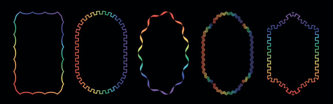 Retro whimsical rainbow gradient frame set borders. LGBTQ community symbol with rainbow. Vibrant multi colored frames for greeting cards, menu, gift tags, and modern stationery.