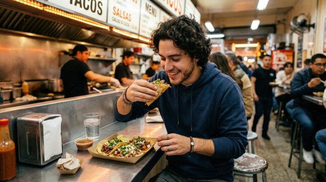 A young man with curly hair eating tacos at a fast food restaurant, vivid counter lights, crisp food textures, bustling casual setting, relaxed lunch break mood, ultra-realistic, no logos.