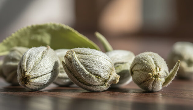 Premium Silver Needle white tea buds covered in fine white downy hairs macro
