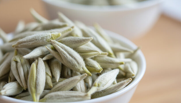 Premium Silver Needle white tea buds covered in fine white downy hairs macro