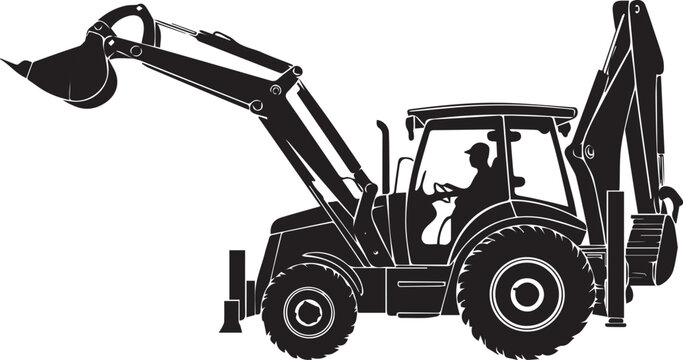 A backhoe loader operating on a construction site with an extended arm and bucket