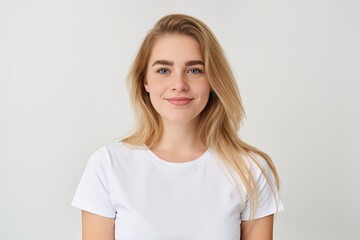 Fototapeta premium Casual portrait of relaxed young woman in white tee with soft background, candid vibe and authentic smile capturing everyday