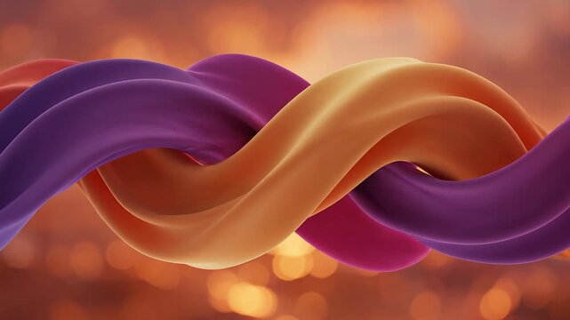 Three vibrant, intertwined ribbons of purple, pink, and orange twist and weave together gracefully against a soft, blurred bokeh background, symbolizing connection and unity.