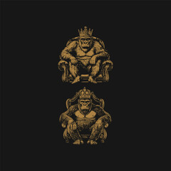 Fototapeta premium Hand drawn vintage engraving illustration of a powerful gorilla king wearing a crown and sitting on a majestic throne, isolated on a dark background.