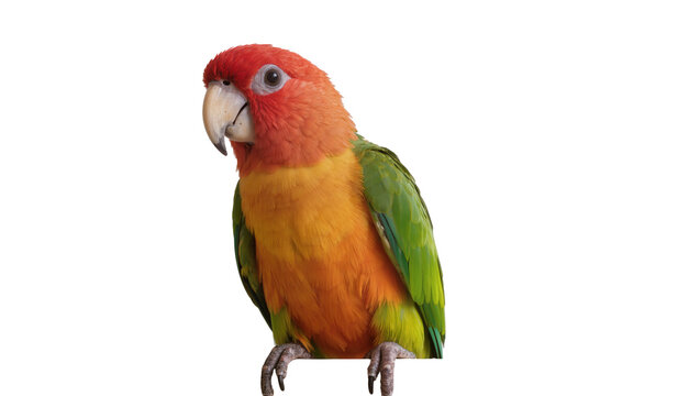 Brightly colored sun conure parrot with red head and orange chest, isolated on transparent background