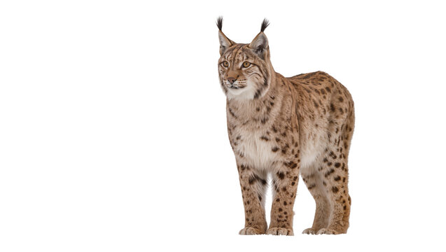 Eurasian lynx with spotted fur standing alert, isolated on transparent background