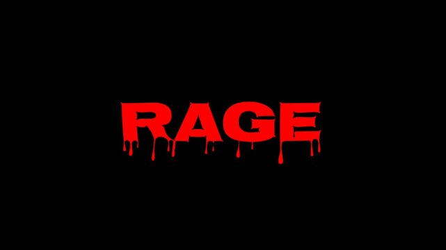 Bold red word RAGE with dripping effect on a black background in a clean animation, perfect for horror, anger, and intense concept visuals.