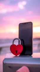 Fototapeta premium Heart Shaped Padlock and Smartphone Against Pink Sky Sunset Over Ocean Waterfront