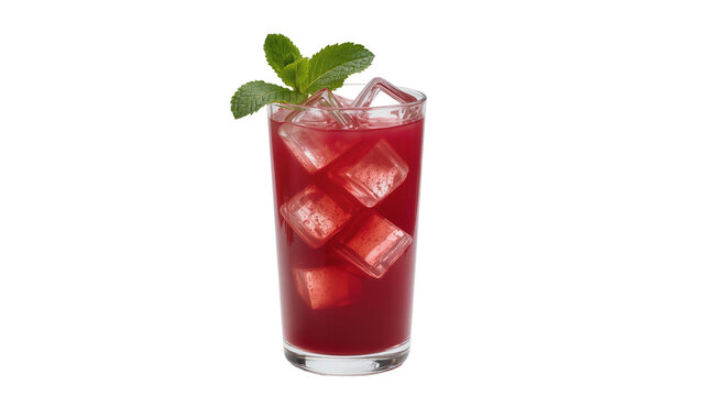 Tall glass of red berry iced tea with mint garnish, isolated on transparent background