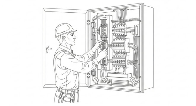 Electrician working on an open electrical panel with wires and circuit breakers electrician electrical industry profession technician maintenance installation equipment engineering building