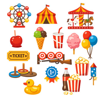 summer fair icon collection, summer fair icons, carnival icon set, amusement park icons, festival icons collection, fairground symbols, summer festival elements, party icon pack, funfair icons, amusem