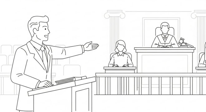 Lawyer presenting case in courtroom with judge and jury in background legal proceedings courtroom government presentation advocate attorney pleading argument prosecution illustration