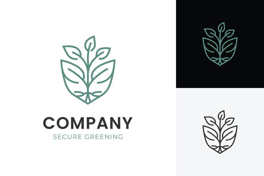 Green Nature Logo with Plant Shield Protection Concept for Eco Business and Sustainability Branding