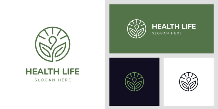 Health Life Logo with Human Leaf and Sunrise Concept for Wellness and Healthcare Branding