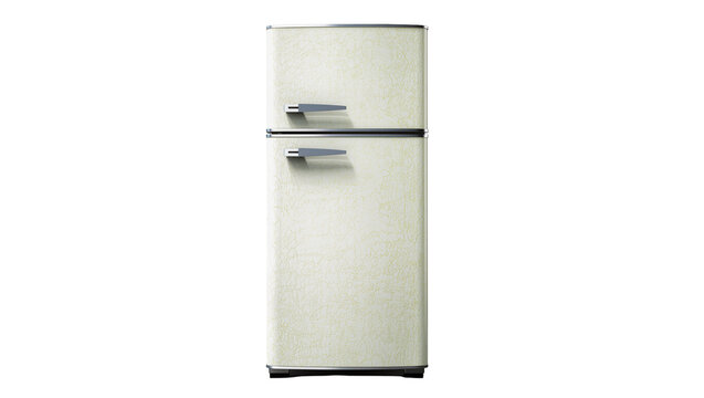 Retro cream double-door refrigerator with chrome handles, isolated on transparent background