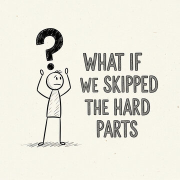 Stick figure character stands under a large question mark pondering the consequences of skipping difficult challenges.