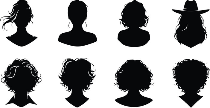 Elegant Female Hair Silhouette Vector Set Featuring Diverse Hairstyles, Including Curly, Wavy, Short, Long, Updos, and a Cowboy Hat for Modern Logo Design