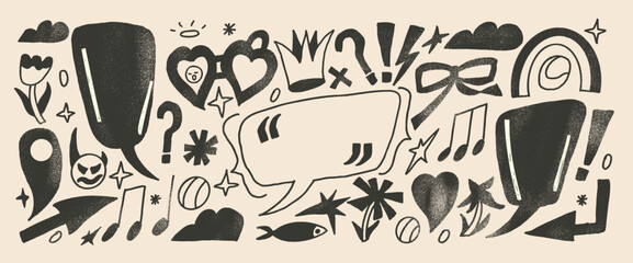 Fototapeta premium Speech bubble and crayon quotation frames made with rough pencil lines. Smudged callout clouds, hearts, and arrows for expressive talk art. Charcoal doodle collage with a bold grunge mood. Vector bg.