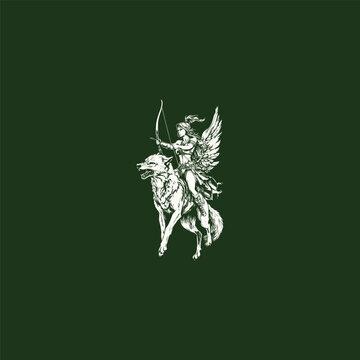 Hand drawn vintage engraving of valkyrie or winged female warrior with bow riding a wolf