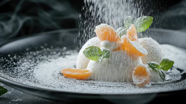 Dessert preparation, delicate white confectionery receives a generous dusting of fine powdered sugar, garnished with bright orange citrus segments and fresh green mint leaf.