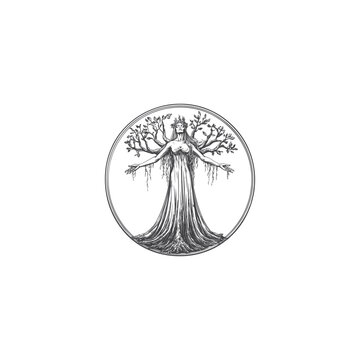 Vintage engraving style illustration of Mother Earth or tree goddess with roots and branches inside a circular frame