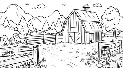 Obraz premium Colorful Cartoon Farm Scene Outline Drawing Featuring Barn, Fence, Fields, and Farmhouse Landscape