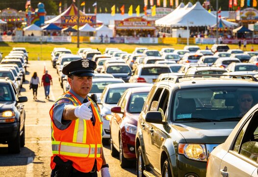 Police officer directing traffic at a county fair parking lot, law enforcement and crowd control for large outdoor event safety