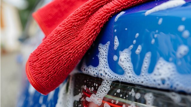 Blue car with soap suds and red microfiber cloth car wash cleaning