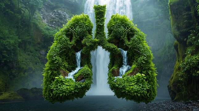 Earth Day Nature Lungs Waterfall ConceptSurreal eco artwork of lungs made from greenery with waterfall, symbolizing Earth Day, clean air, and environmental sustainability.