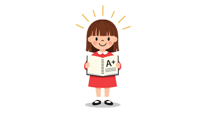Proud young schoolgirl holding an open notebook displaying an A plus grade to celebrate her outstanding academic success.