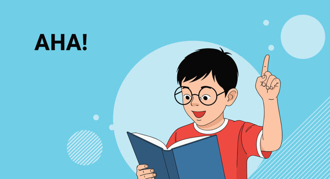 Intelligent young boy with glasses pointing his finger up while reading a book and having a great aha moment of discovery.