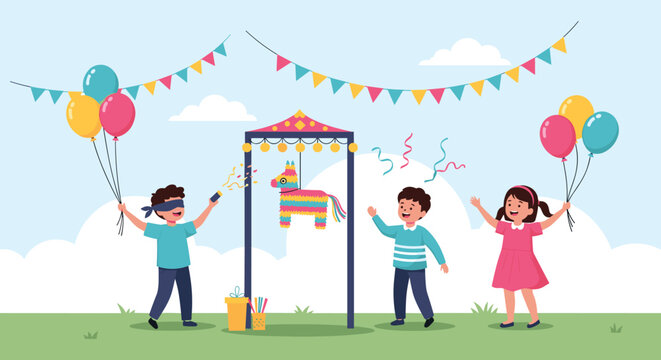 Group of happy children celebrating at a birthday party with a colorful pi�ata, balloons, and festive bunting in an outdoor garden.