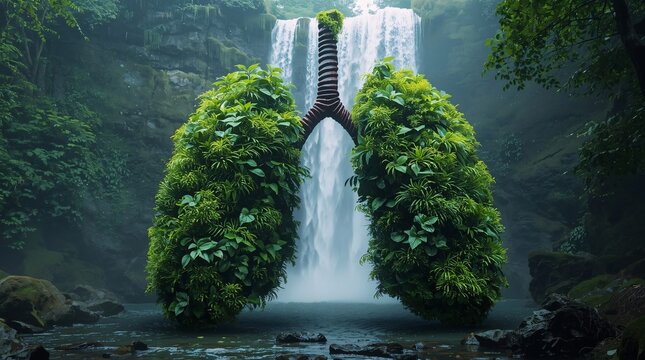 Waterfall shaped like lungs in forest, symbolizing nature, breath, and sustainability.