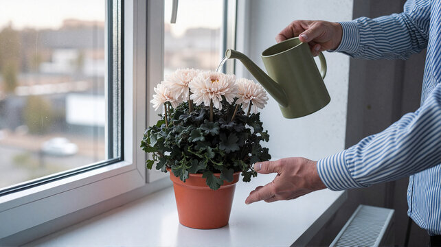 Man watering potted plants with green watering can by window  