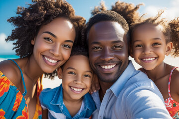 Fototapeta premium Portrait attractive Smiling Family Sandy Beach and Blue Sea Ocean Vacation background AI Generative