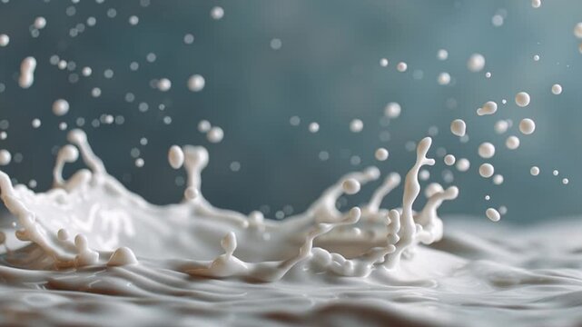 Milk falls onto a flat surface creating a splash. Tiny droplets scatter in the air. The background shows a soft texture that highlights the splash and adds depth.