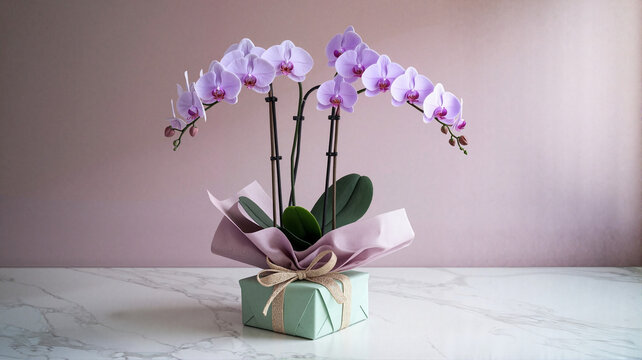 Potted purple orchid arrangement with a ribbon on marble background  