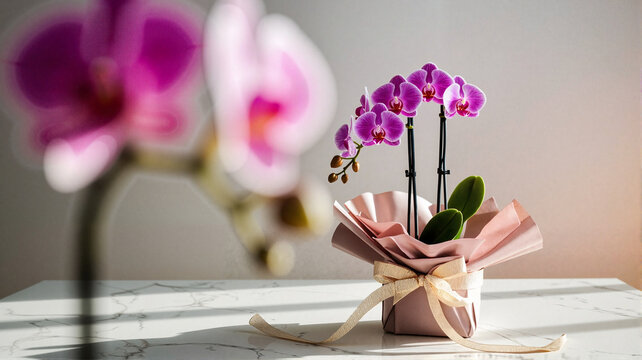 Potted purple orchid plant with decorative wrapping on table  