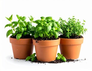 Fototapeta premium Three Terracotta Pots Containing Fresh Green Herbs Mint Basil Thyme Isolated White Background