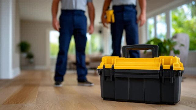 Close-up of a professional toolbox on the floor as technician enters, hand holding the handle visible, living room in background softly blurred, warm natural light, copy space abov