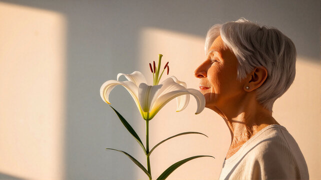 Elderly woman smelling a lily flower in soft light indoors  