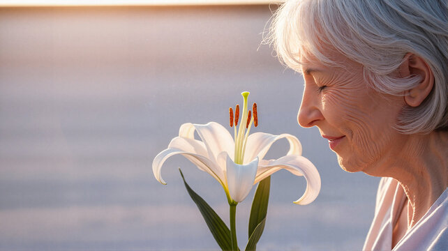 Elderly woman enjoying a white lily flower during sunset  