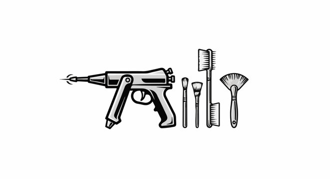 A stylized airbrush tool alongside various brushes for art or makeup application