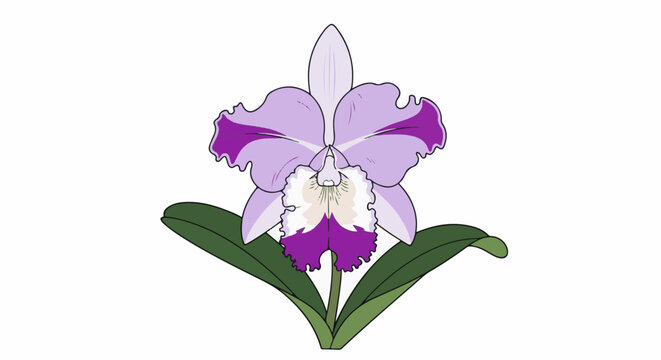 A vibrant purple and lavender orchid with ruffled petals, set against white