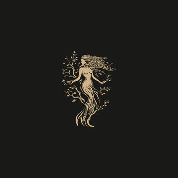 Hand drawn elegant line art illustration of a nature goddess, female figure morphing into tree roots and branches with leaves, vintage engraving style vector logo design.