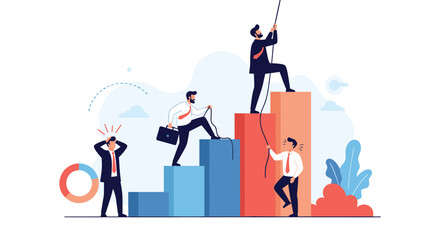 Fototapeta premium Diverse business professionals climbing a rising bar graph representing critical steps toward reaching the peak of career success.